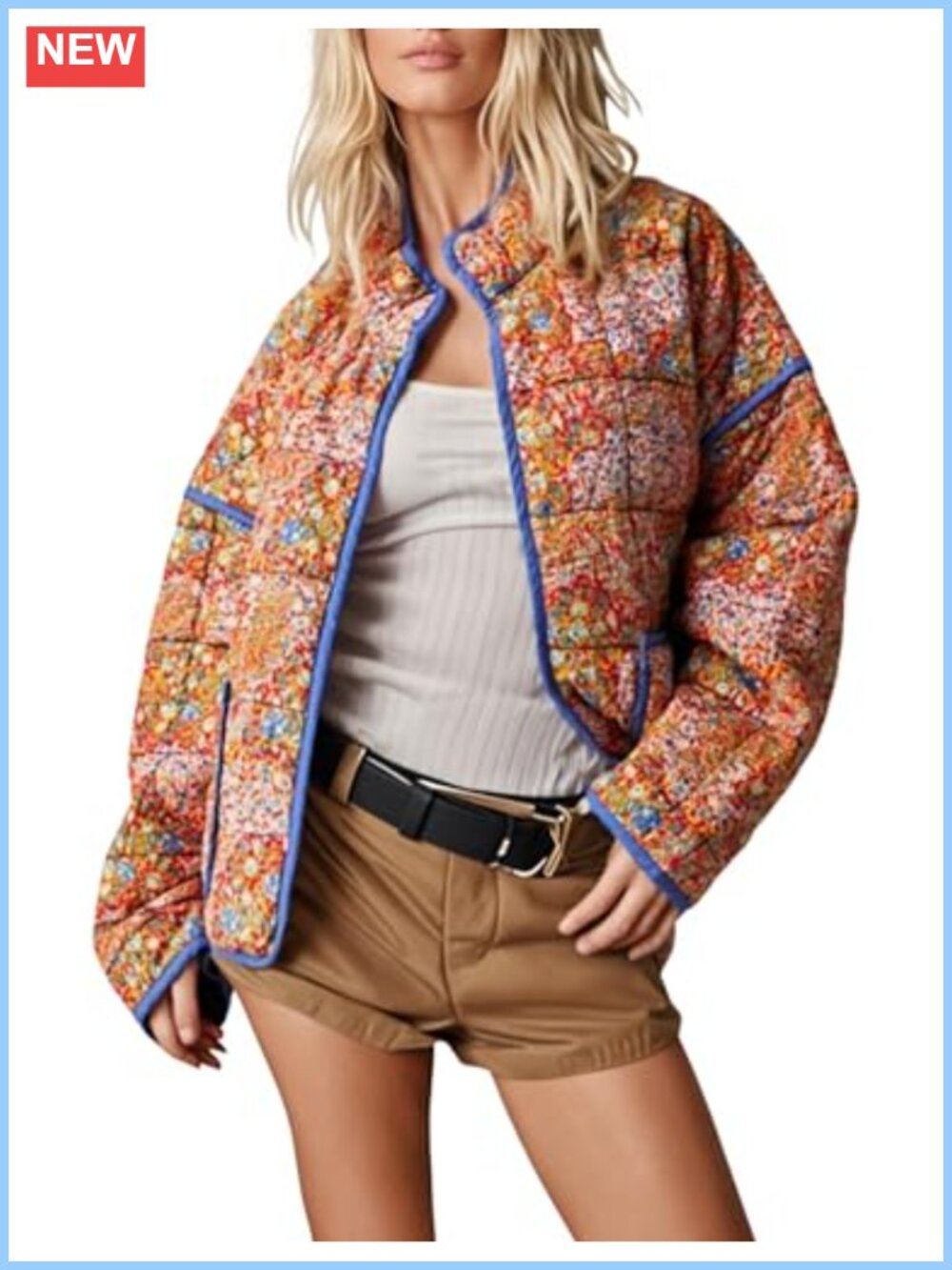 Cropped Quilted Floral Puffer Jacket Lightweight Padded Coat